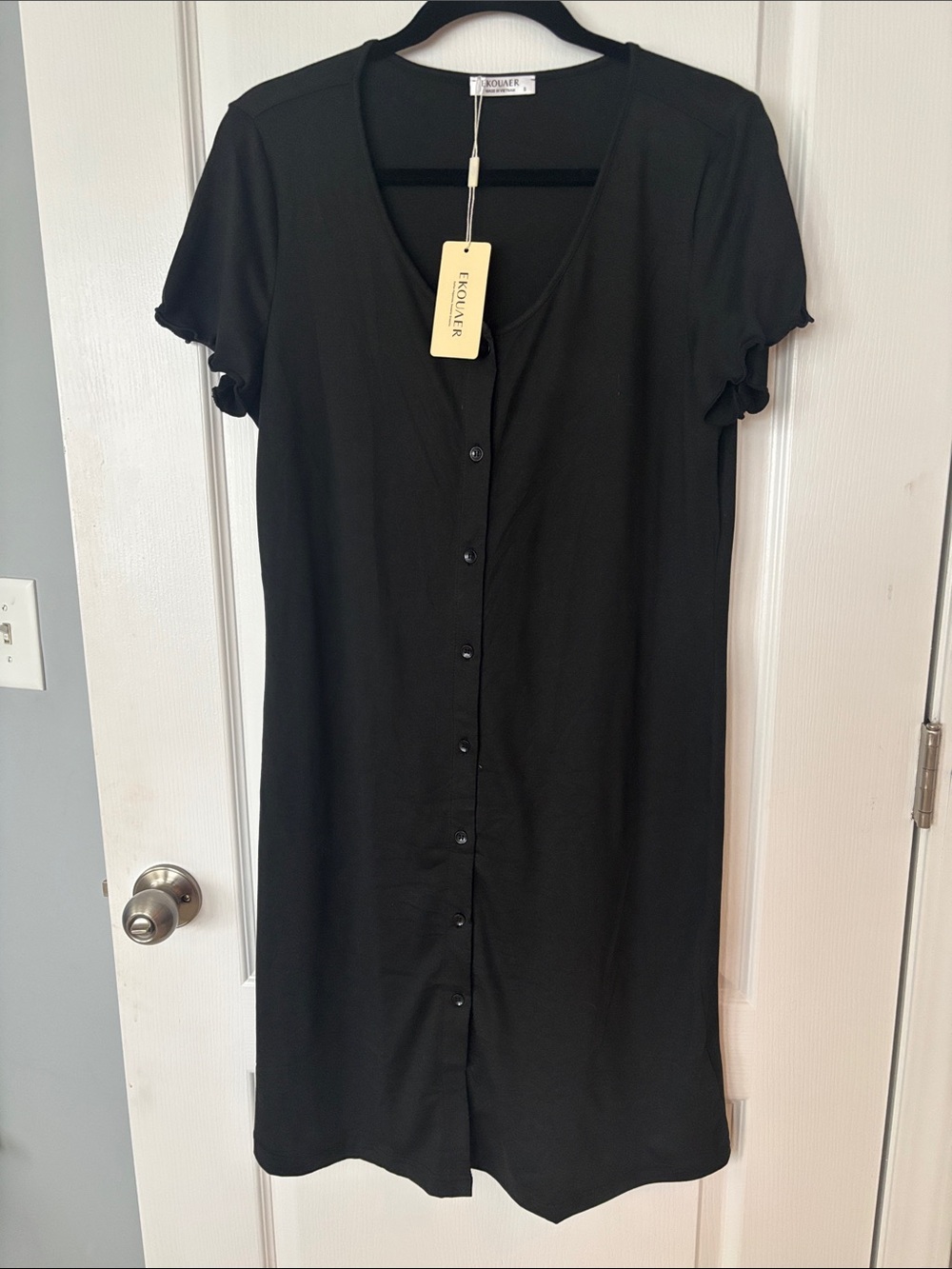Kooler Black V-Neck Button-Front Short Sleeve Nightgown